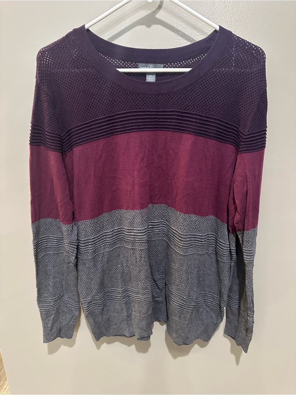 Woman’s Colorblock Crewneck Sweater in Plum and Gray. Fun, cozy, purple